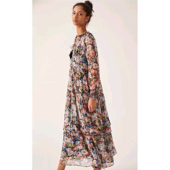 Anthropologie The Marais Printed Chiffon Maxi Dress Floral Sheer Overlay L - Picture 1 of 15